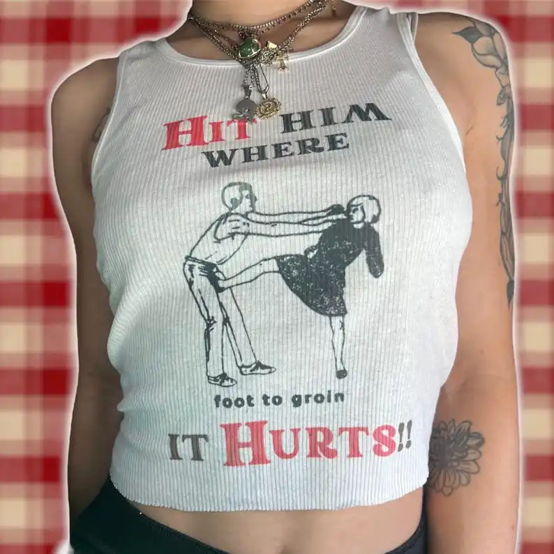 Self Defense Vintage Inspired Ribbed Tank 20 Inch Vest Emo Girls Aesthetic Letter Print Grunge Goth Camisole Top Female Clothing