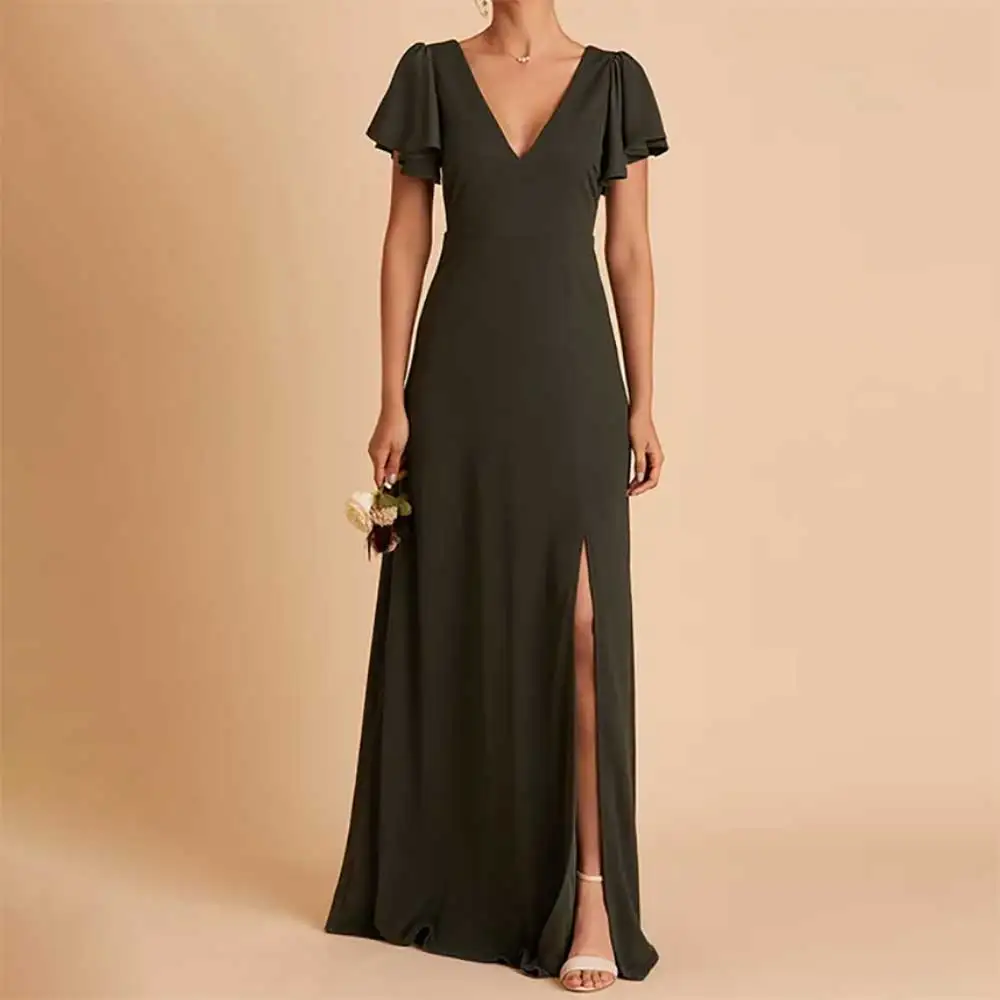

Short Sleeve V-Neck Side Slit A-Line Backless Evening Dress Elegant Prom Party Dress Bridesmaid's Dresses Wedding Guest Gowns