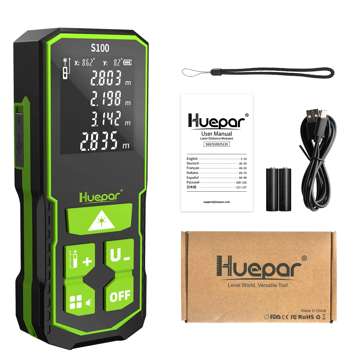 Huepar เลเซอร์ Rangefinder ดิจิตอล328Ft/100M LCD อิเล็กทรอนิกส์ Dual มุมเครื่องมือพื้นที่และปริมาตรการวัดฟังก์ชั่น