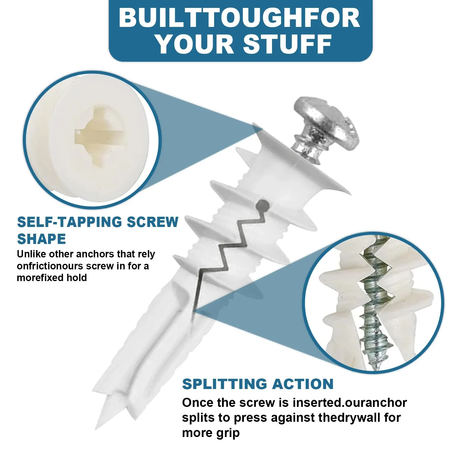 ネジ付きセルフドリル乾式壁プラスチックアンカー、事前穴あけ不要、壁取り付けネジ、 #8、50個