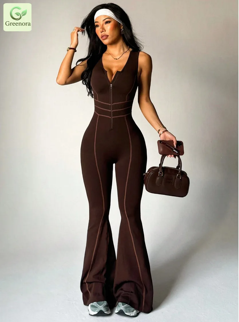 Greenora Women Sexy Zip Up Jumpsuit Contrast Stitch Flare Pants One Piece Outfits Streetwear Bodycon Romper Y2K Clubwear 2026