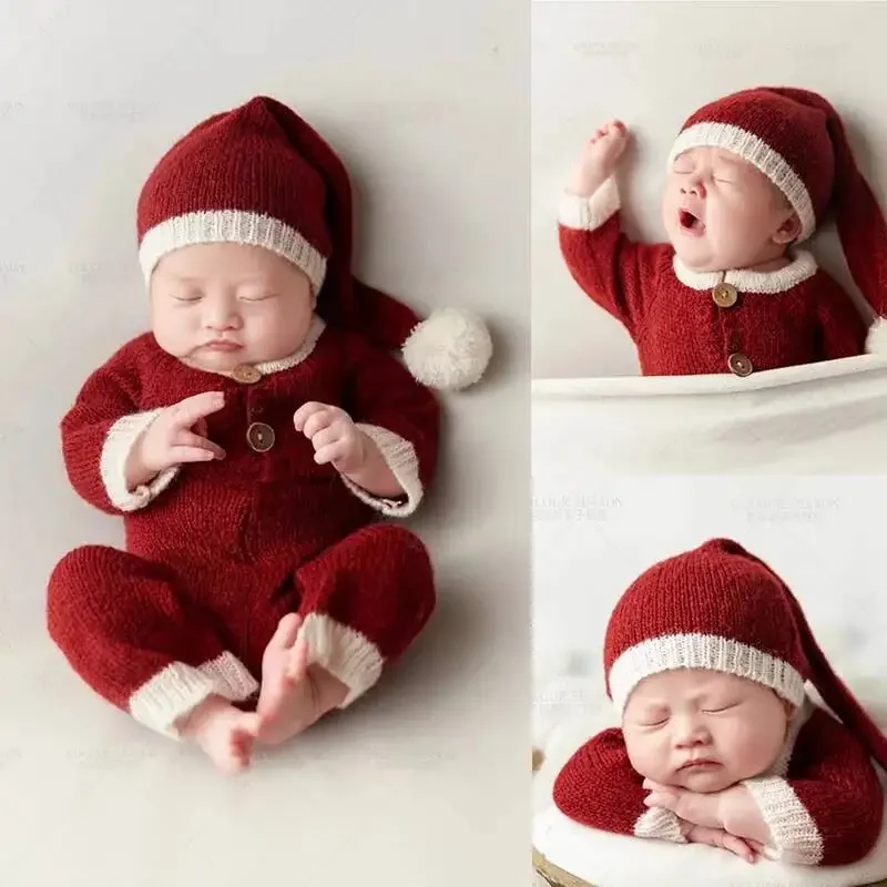 Newborn Photography Fotografie Outfit Props Soft Crochet  Mohair Christmas Theme Hat+Jumpsuit Pants Baby Photo Shooting Clothing