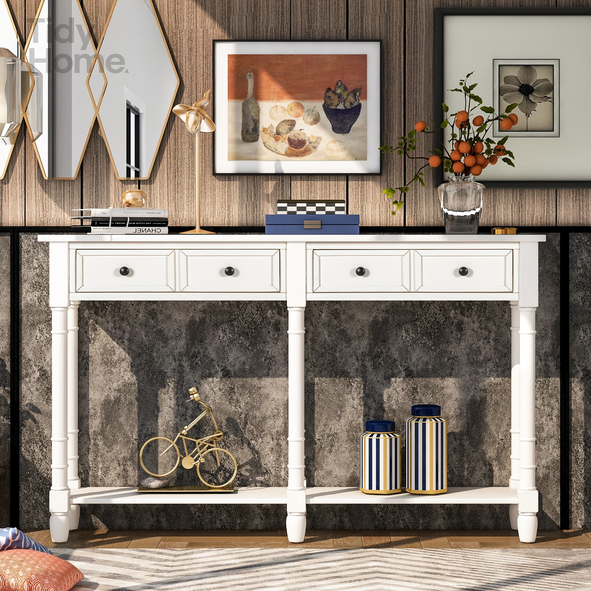 

Console Table Sofa Table Easy Assembly with Two Storage Drawers and Bottom Shelf for Living Room, Entryway (Ivory White) muebles