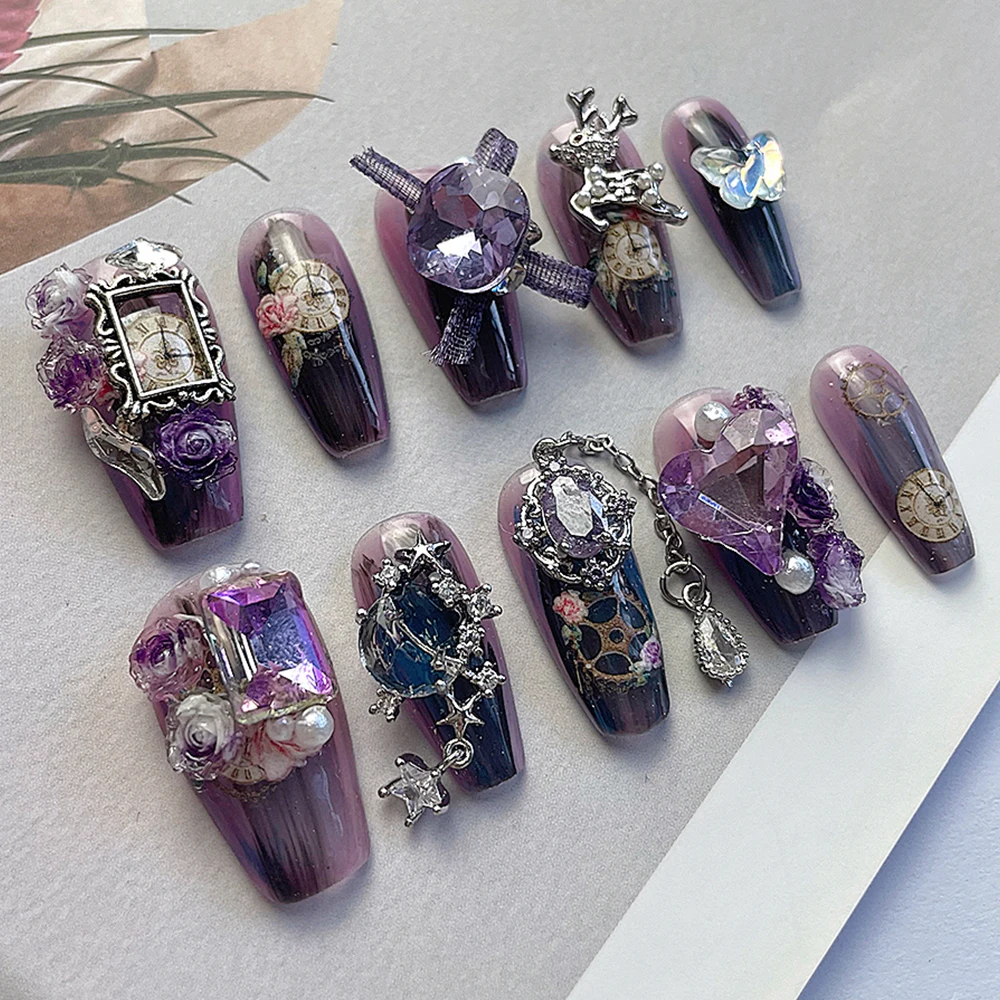 Advanced Dreamy Purple Handmade Beautiful Y2K Press On Nails Creative Butterfly Rhinestone False Nails Ring Suit Birthday Gift