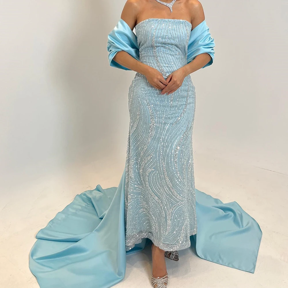 

Customized Exquisite Crystal Detachable Sleeve Satin Evening Dresses Modern Straight Ankle-Length Strapless Short Sleeves