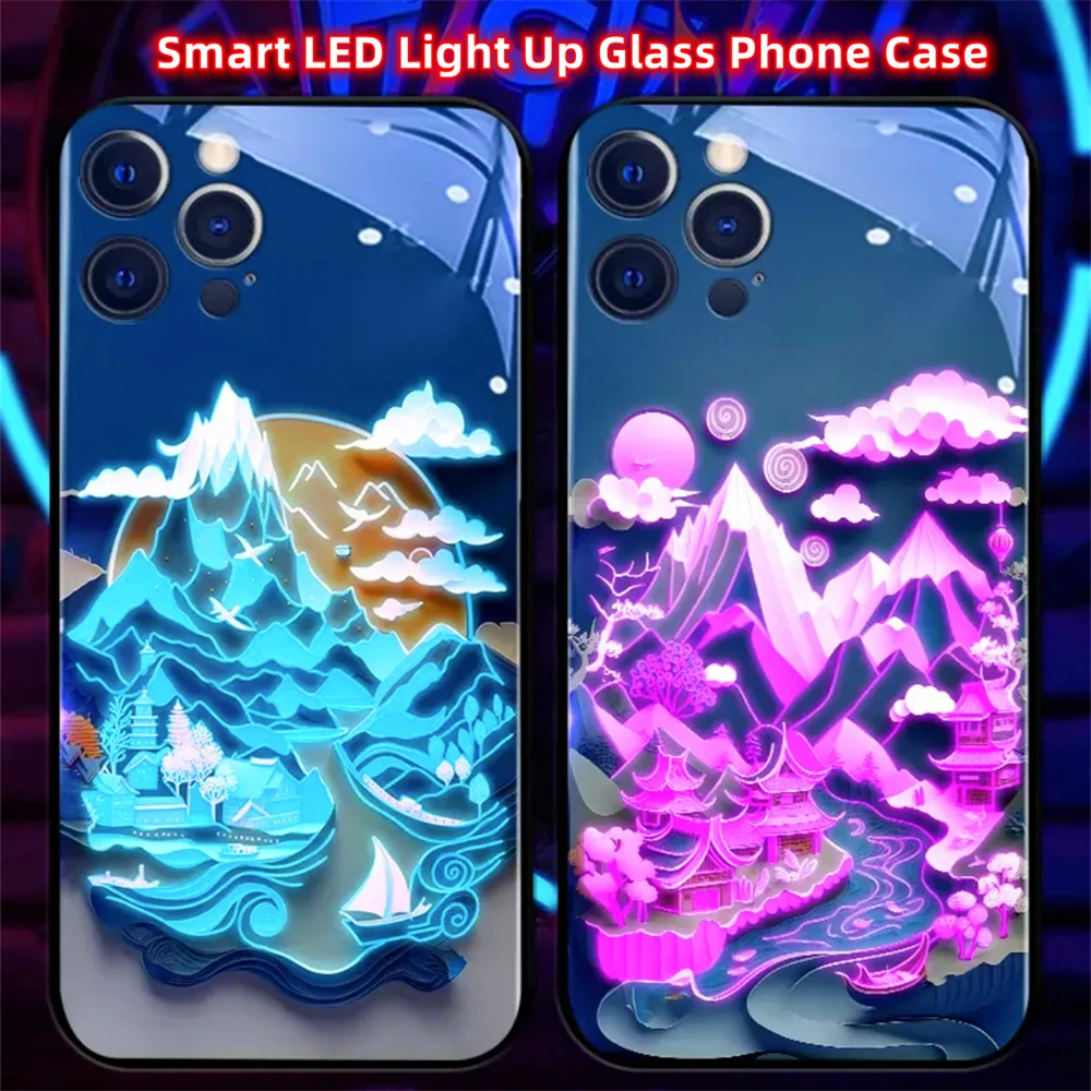 Snow Mountain Pretty Scenery Smart LED Light Glow Tempered Glass Phone Case For iPhone Air 17 16 15 14 13 12 11 Pro Max Plus view 5
