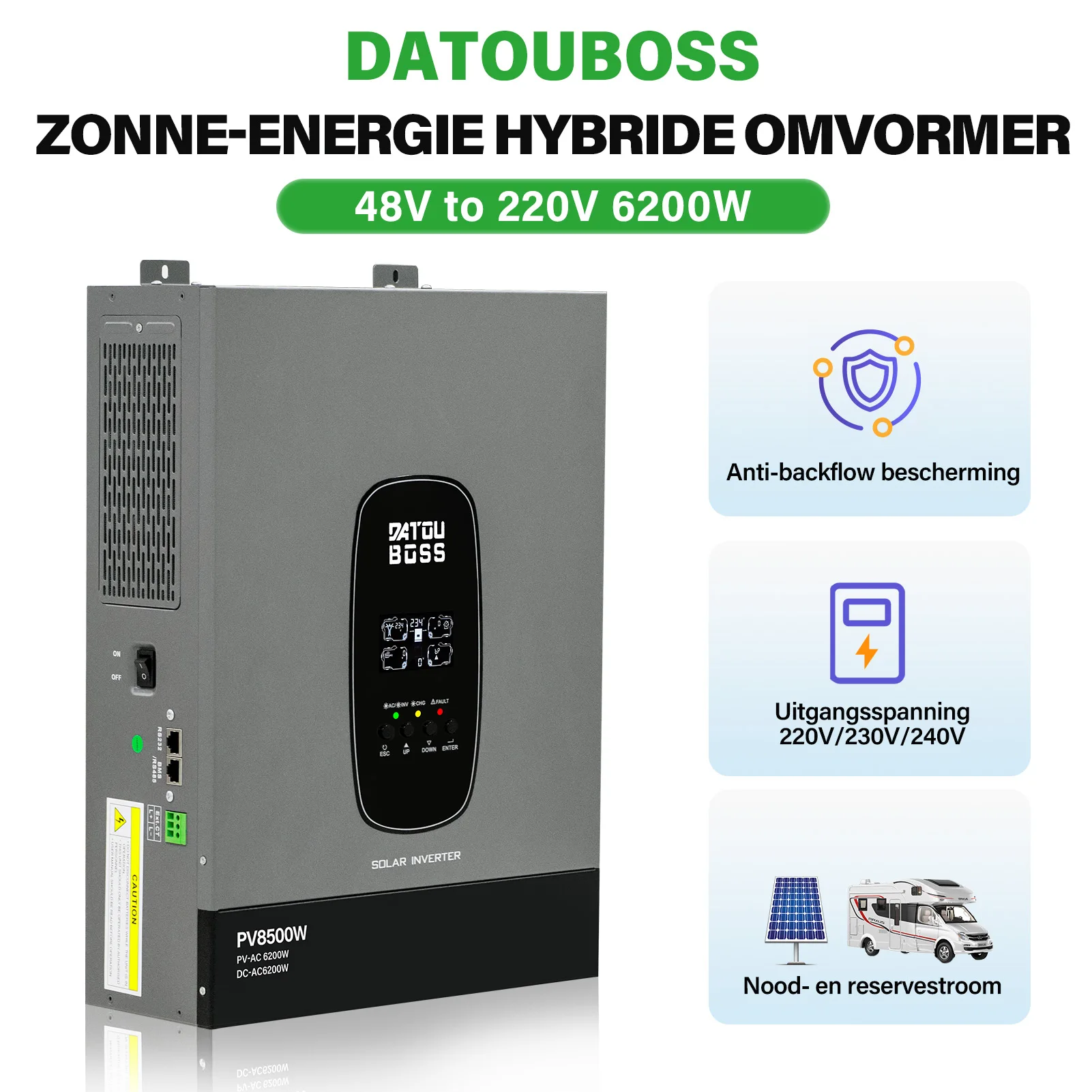 Datouboss 1.8Kw-12V 3Kw-24V 6200W-48V Solar Hybride Omvormer, 12V/24V/48V naar 220V Zuivere Sinusgolf, voor thuisstroomvoorziening, ondersteunt parallelle werking