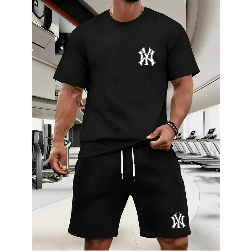 

New summer fitness sportswear for men, short-sleeved T-shirt and shorts two-piece set, breathable and quick-drying casual wear.
