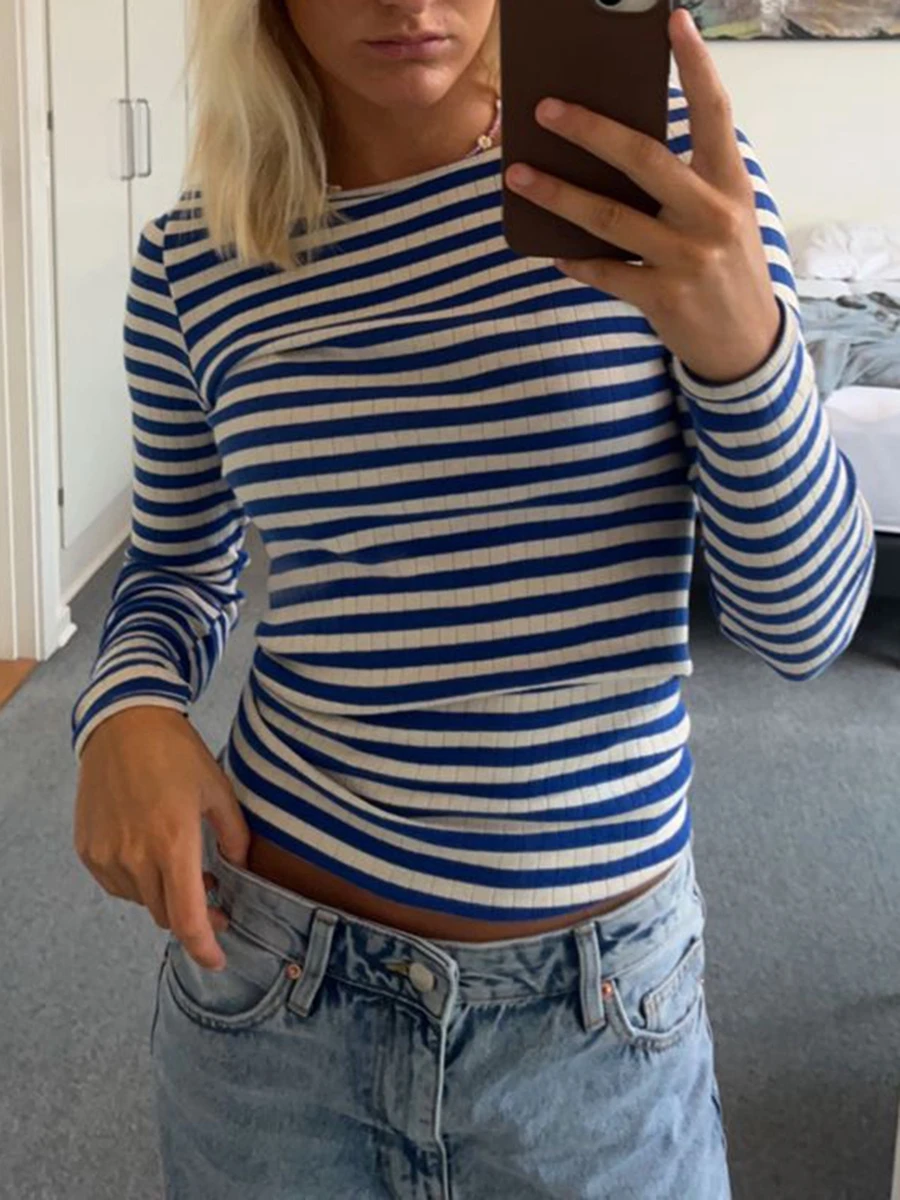 Y2K Cottage Striped Rib Knitted T-shirt Women Long Sleeve Casual Basic Tees Pullovers Vintage Preppy Style Crop Tops Clothes