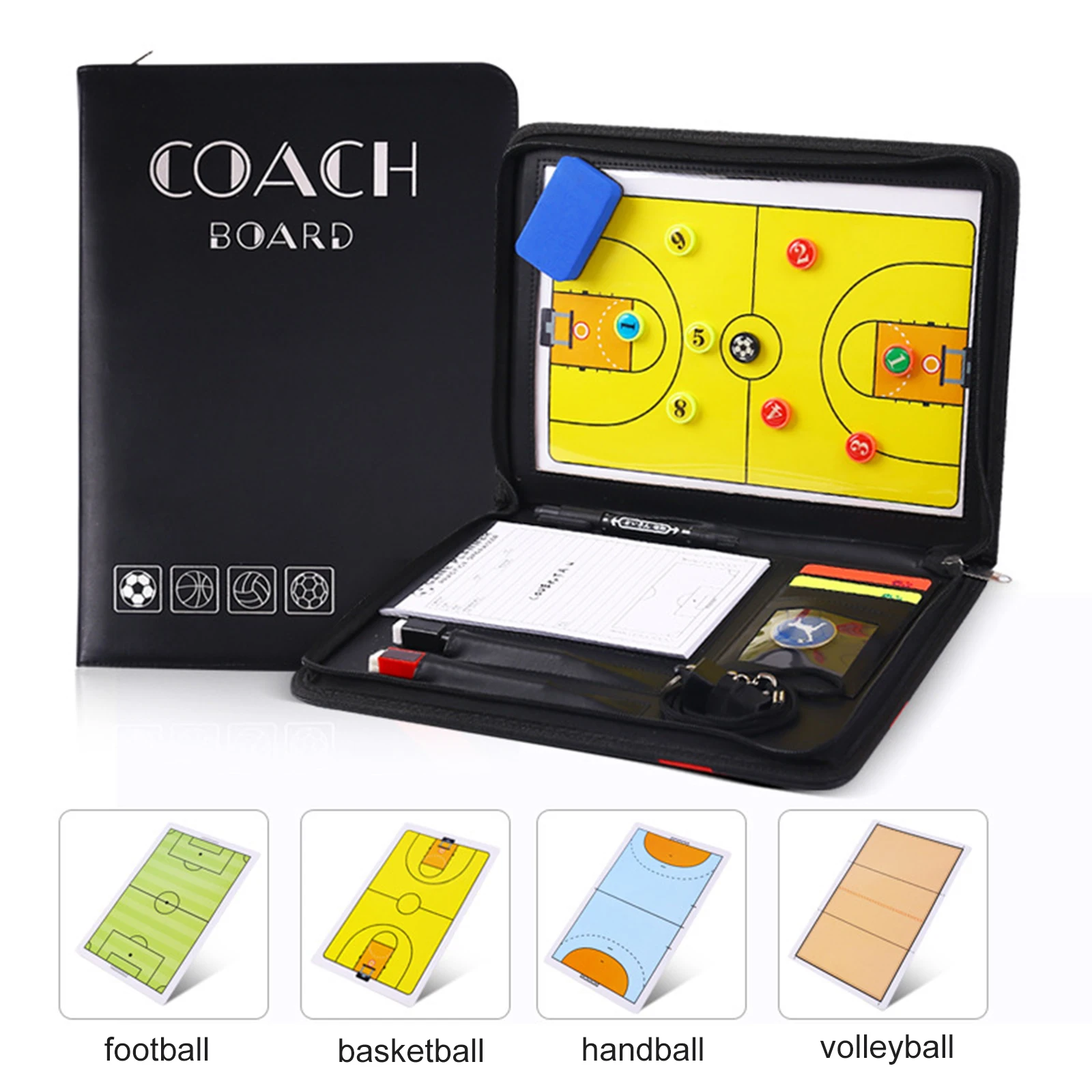 

1pc Magnetic Football Basketball Volleyball Coach Strategy Board With Marker Eraser 860g PU Leather Wear-resistant Waterproof