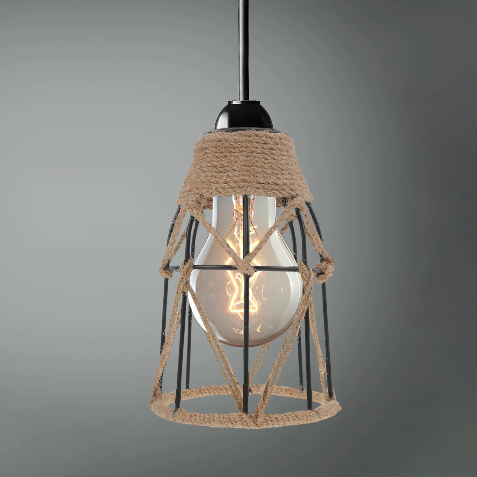 Handwoven Rope Pendant Light Shade Vintage Iron Cage Lampshade Rustic Ceiling Fixture Dining Hotel Wall Sconce Decorative Cover