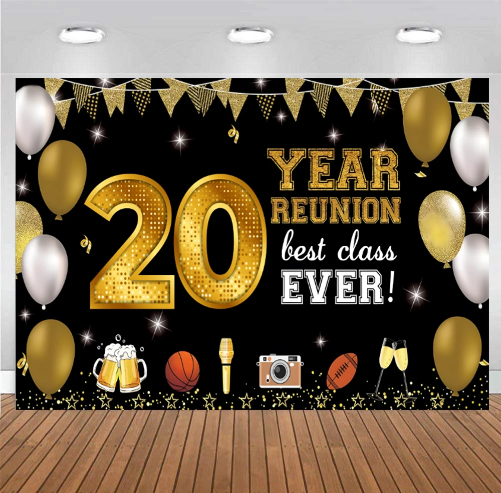 

20th Birthday Background 20 Years Anniversary Decorations Men Women Birthday Party Banner Black and Gold Photography Backdrop