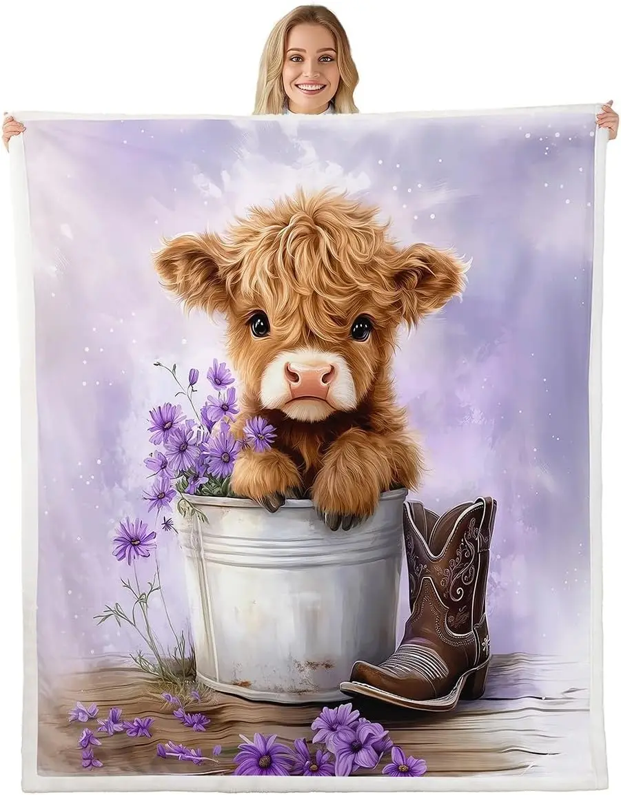 Cute calf in bucket floral tapestry farmhouse decor country style wall hanging cow art purple flowers western theme blanket