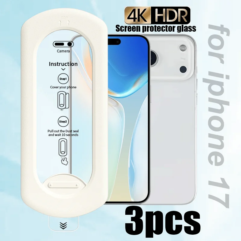 Kit com 3 Películas Protetoras de Tela para iPhone 17 Pro Max, 18, 16, 15, 14, 13 - Vidro Temperado com Cobertura Total, Antidigitais e Instalação com Um Clique