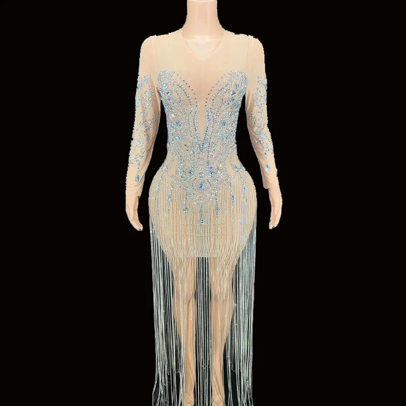 

Rhinestone Sexy Silver Sparkly Crystals Fringes Transparent Dress Nightclub Evening Birthday Costume