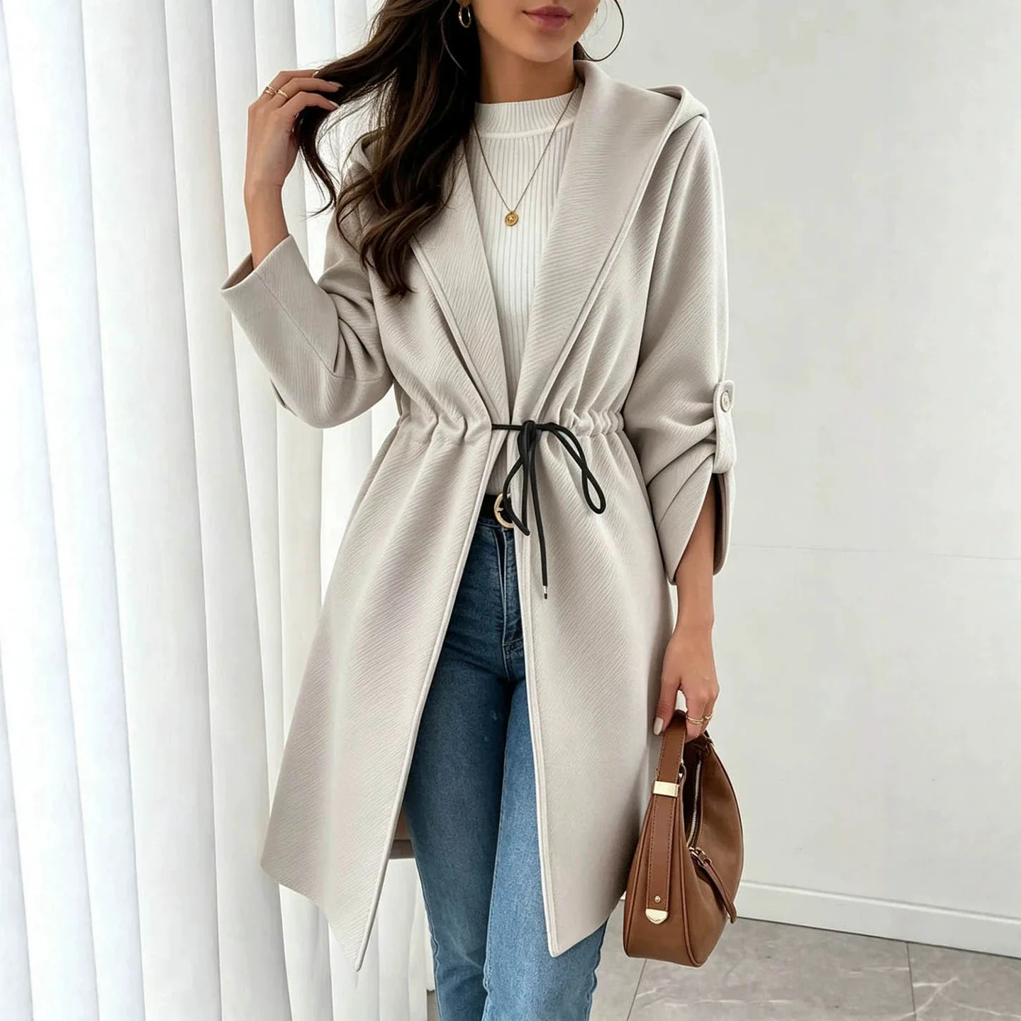 2026 Gentle Style Hooded. Mid-length Coat With Drawstring Waist, Turn-down Necklace Three-quarter Sleeves, And Solid Color Textu