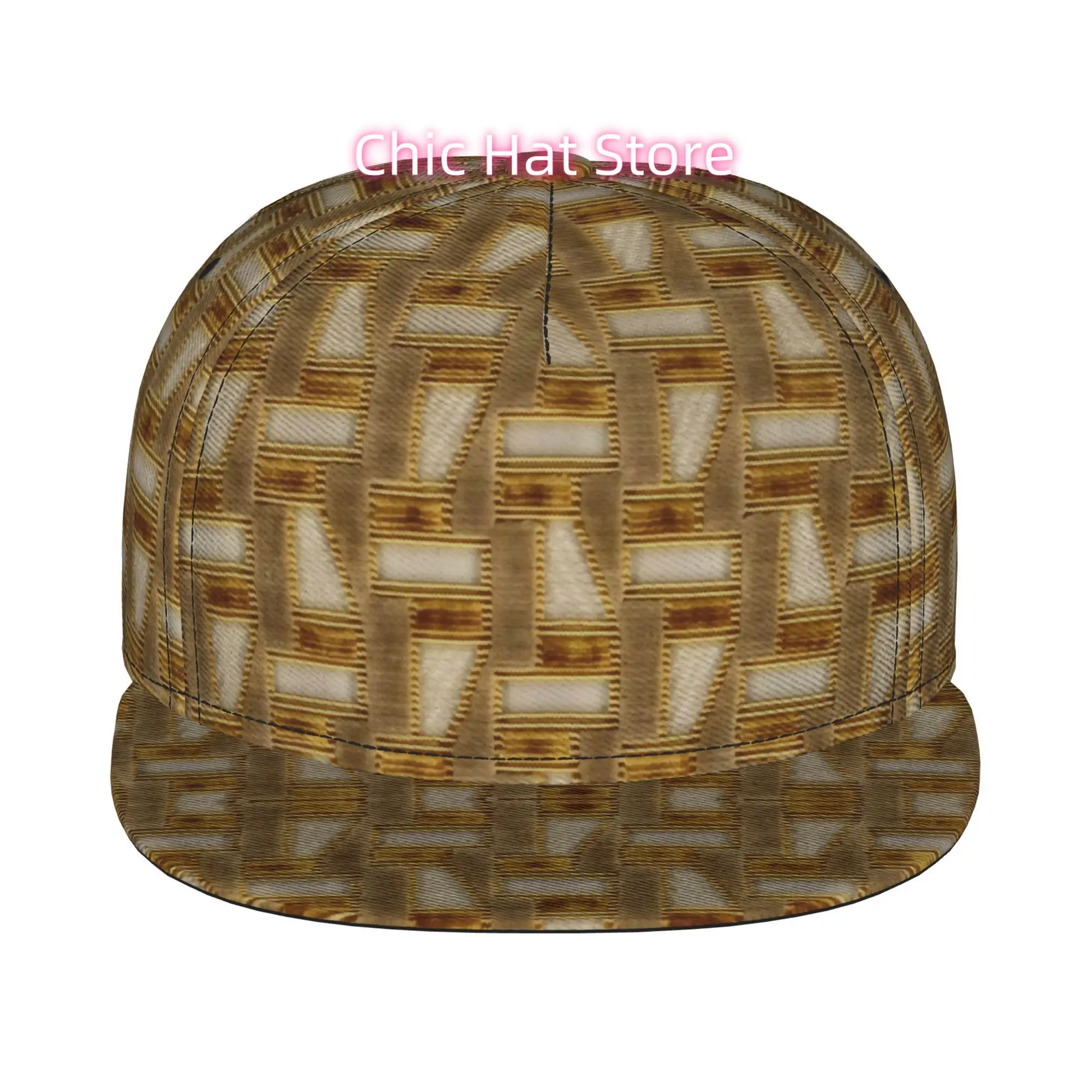 1pc Geometric Golden And Beige Pattern Fully Printed Hip-Hop Cap, Stylish Flat-Brimmed Baseball Cap, Trucker Caps Baseball Caps,