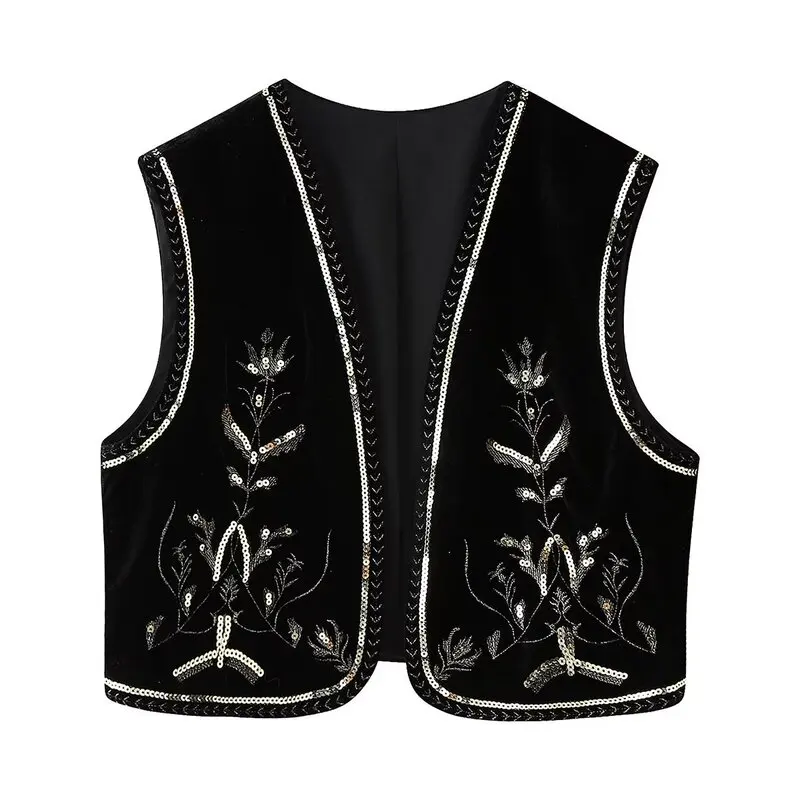 Women's Velvet Cotton Embroidered Svel Open Front Vest 2024 Autumn Winter New Arrival Faion Versatile ort Length