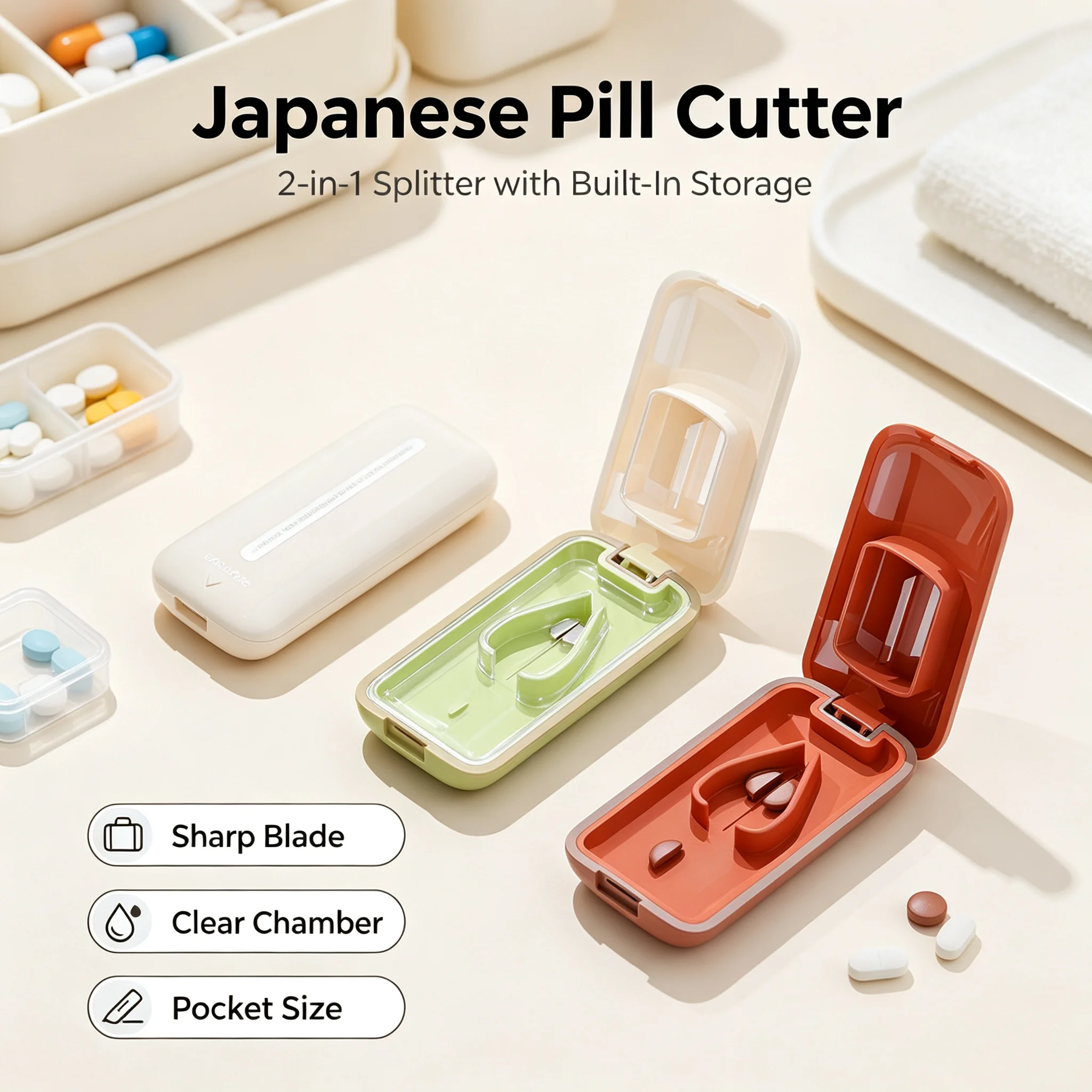 Japanese‑Style Pill Cutter With Blade & Storage Compartment, For Kids & Elderly, Portable Pill Split