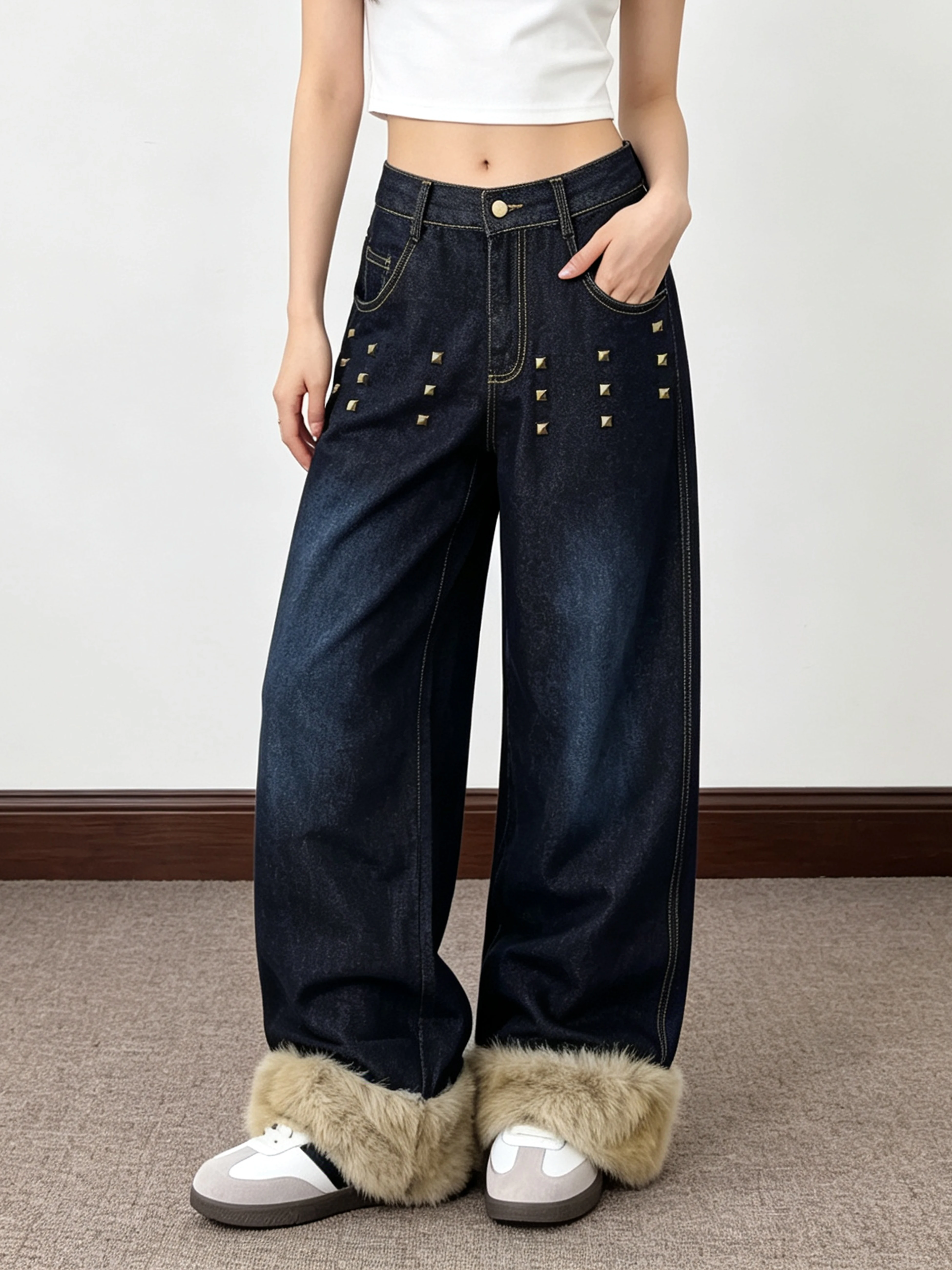 Small Ball American High Street Furry Frayed Denim Jeans Women Heavy Duty Rivet Love Embroidery Wide Leg Pants Couples