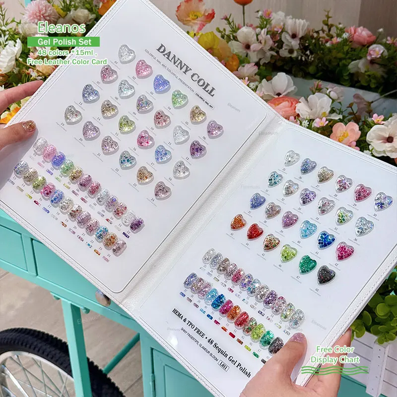 Dannycoll Iridescent 48pcs*15ml Sequin Glitter Gel Nail Polish Set With Color Card Soak Off Nail Gel Semi-Permanent UV Varnishes