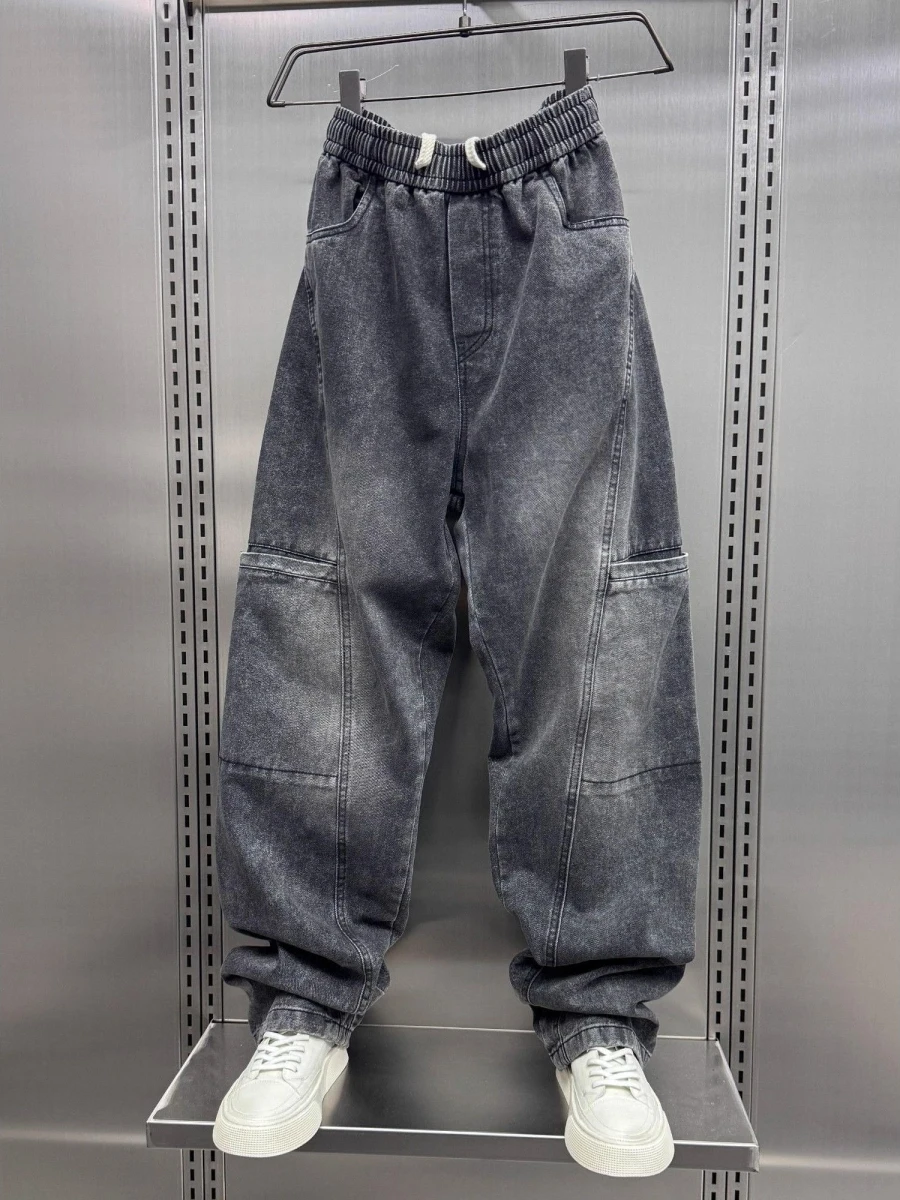 Trendy Patchwork Design Straight Leg Loose Men's Jeans Casual Spring Autumn Wear Comfortable Classic Blue Long Pants