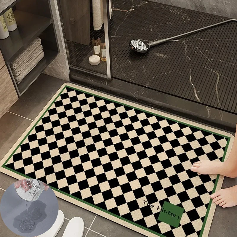 Checkerboard Grid Non Slip Kitchen Bath Mat Diatom Mud Super Absorbent Home Carpet Waterproof Bedroom Rugs for Living Room Decor