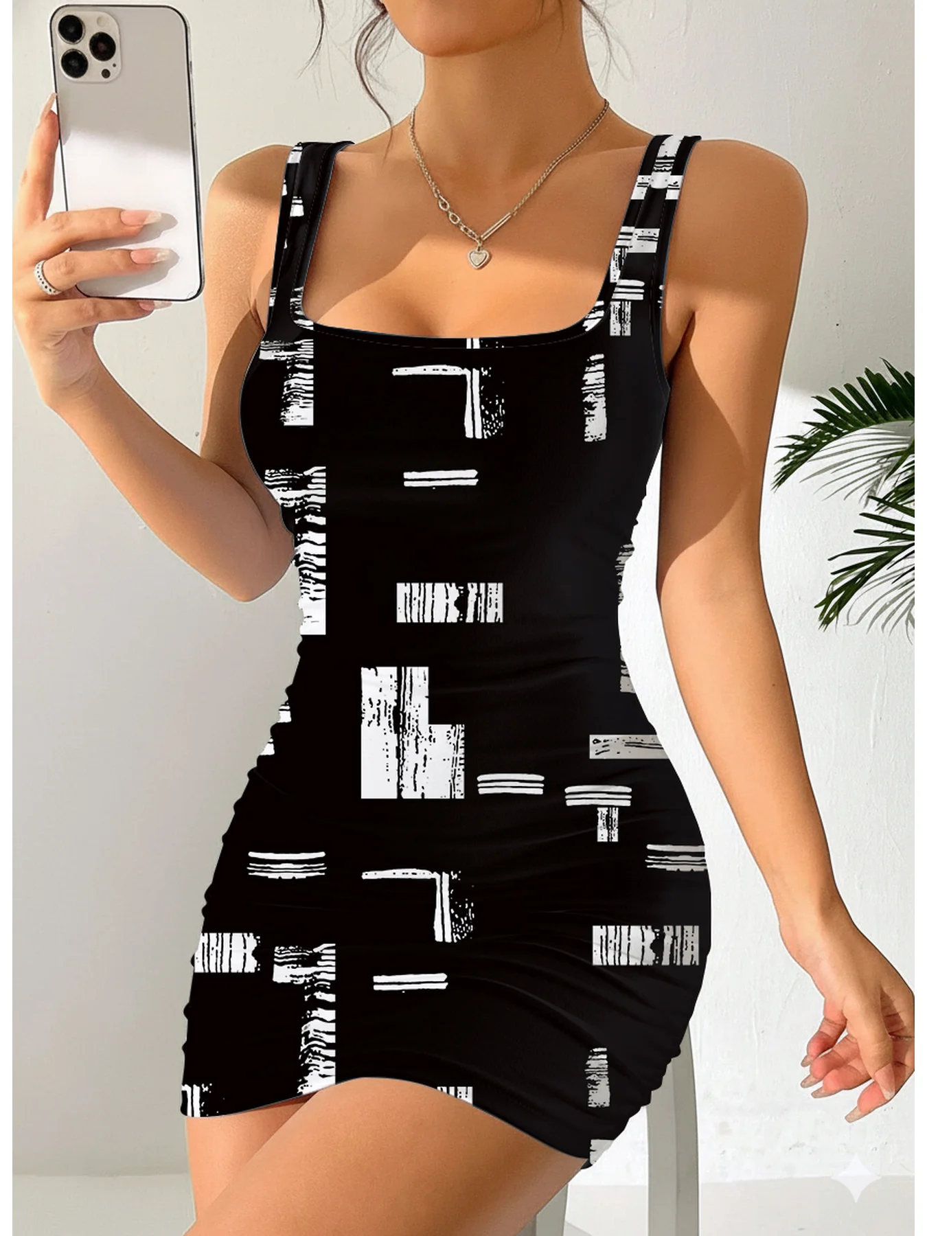 Women's Geometric Print Round Neck Sleeveless Camisole Dress Summer Casual Fashion Comfortable Mid-Length Skirt