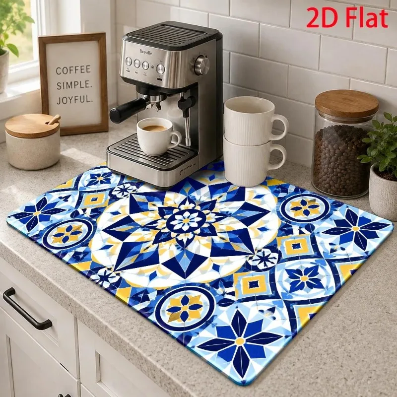 Super Absorbent Mat 2D Flat Mediterranean Tiles Mosaic Cushion Dish Drying Pad Espresso Coffee Maker Placement Table Rug