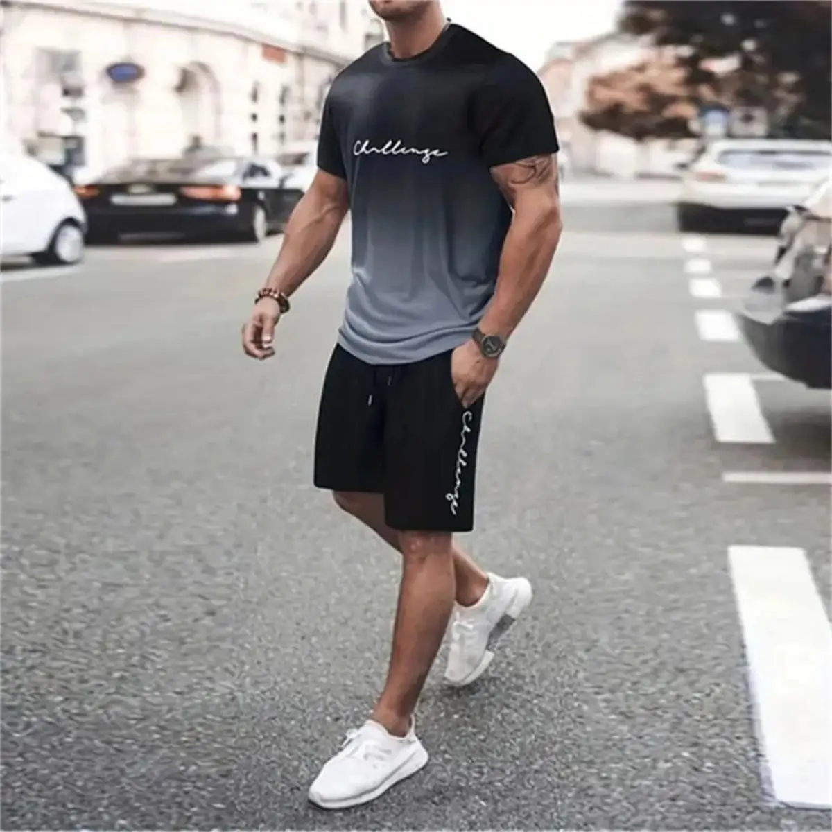 

Men's breathable quick drying top with letter print, men's short sleeved top outdoor street city casual sports T-shirt set