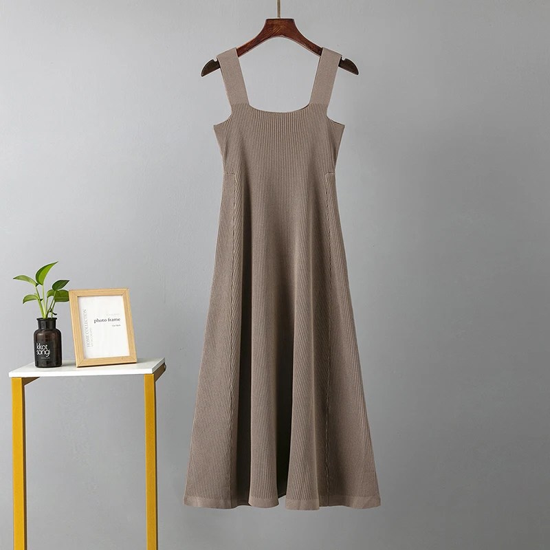 HLBCBG Spring summer Women Knit Tank long Dress Korean Style Knitting U Neck Sleeveless Vest Thin Loose Women Casual Dresses