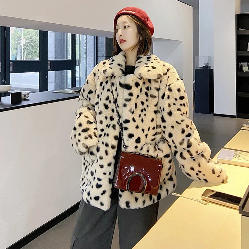 GIYSILE Fashion Fur Women Coat Long Sleeve Turn Down Collar Faux Fur Jacket Coat Leopard Loose Pockets Women Thick Coat