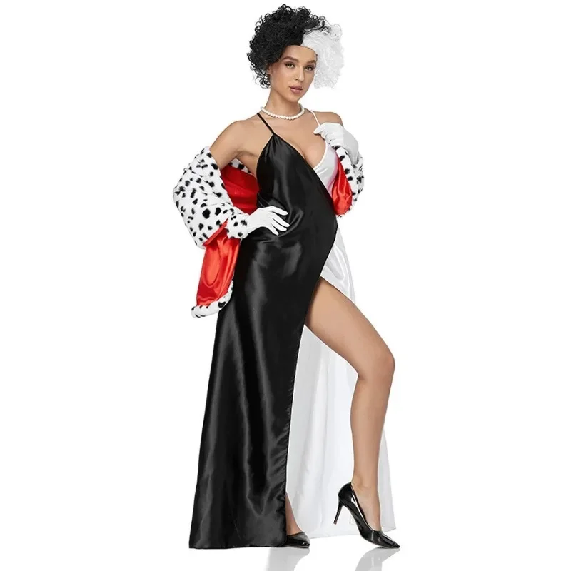 Halloween Costume for Woman Cruella 101 Dalmatians Dress Skirt Cloak Adult Witch Cruella Cosplay Anime Wigs Festival Robe Cape