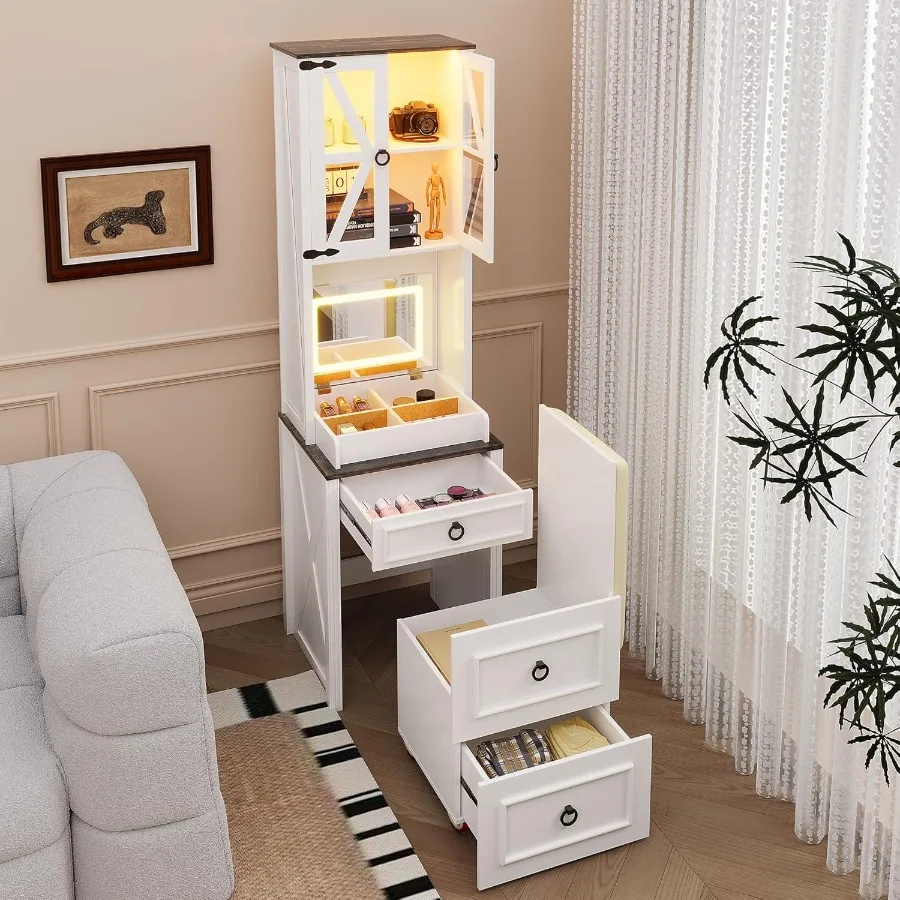Compact Vanity with Hidden Chair Mini Dorm Organizers and Storage Dressing Table Desk Gift for Girls Lady with 2 Large Drawers