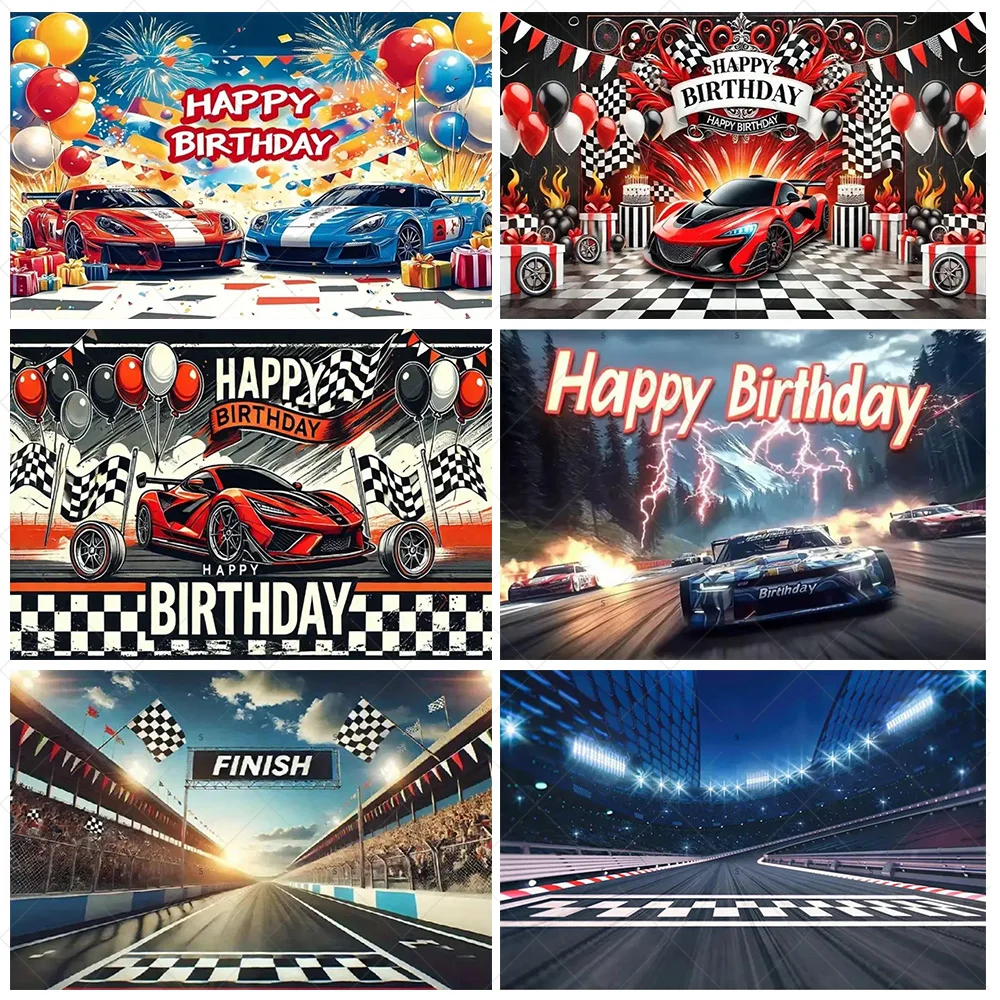 

Red Blue Silvery Race Car Birthday Party Decor Background Supplies Racing Track Photography Backdrop Banner Photo Shoot Props