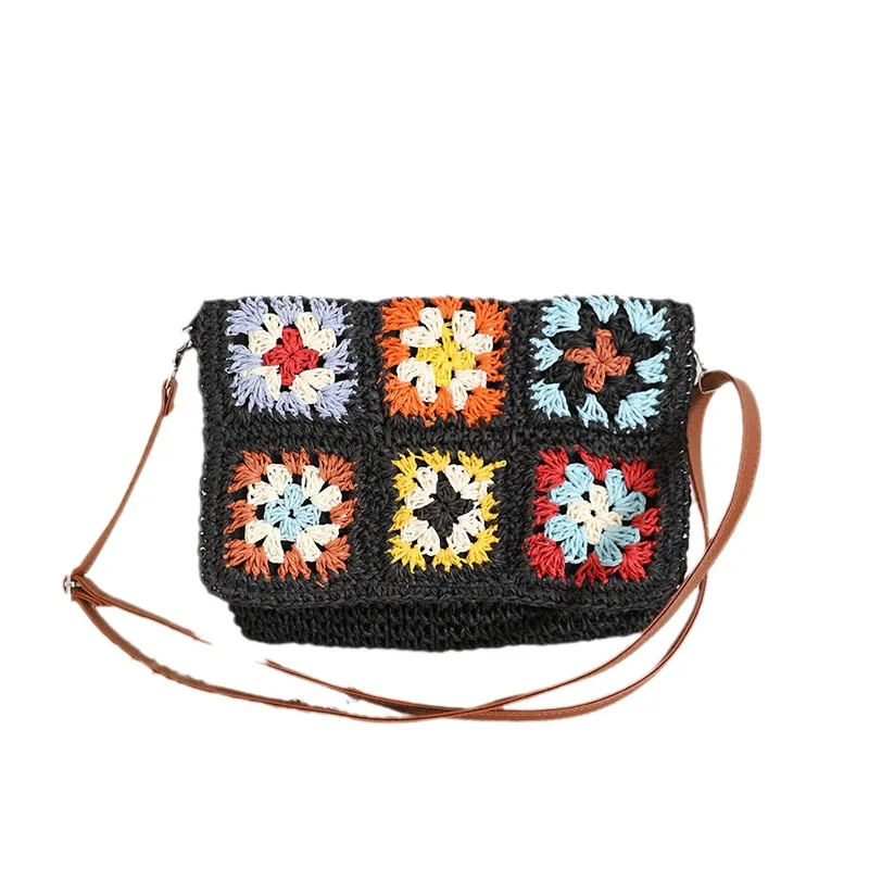 New Contrast Color Shoulder Straw Women's Beach Bag Grandmother's Cross Shoulder Straw Woven Bag