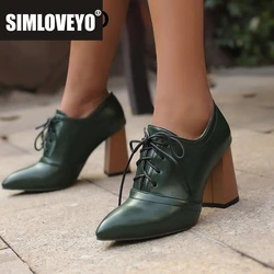 SIMLOVEYO Sexy Office Lady Pumps Pointed Toe Block High Heels 8cm Lace Up Large Size 48 49 50 Vintage Daily Women Shoes Spring