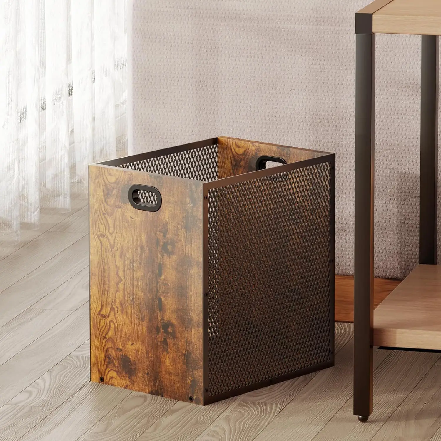 Wrought iron wooden trash can storage basket, home toy record data storage basket, garbage frame