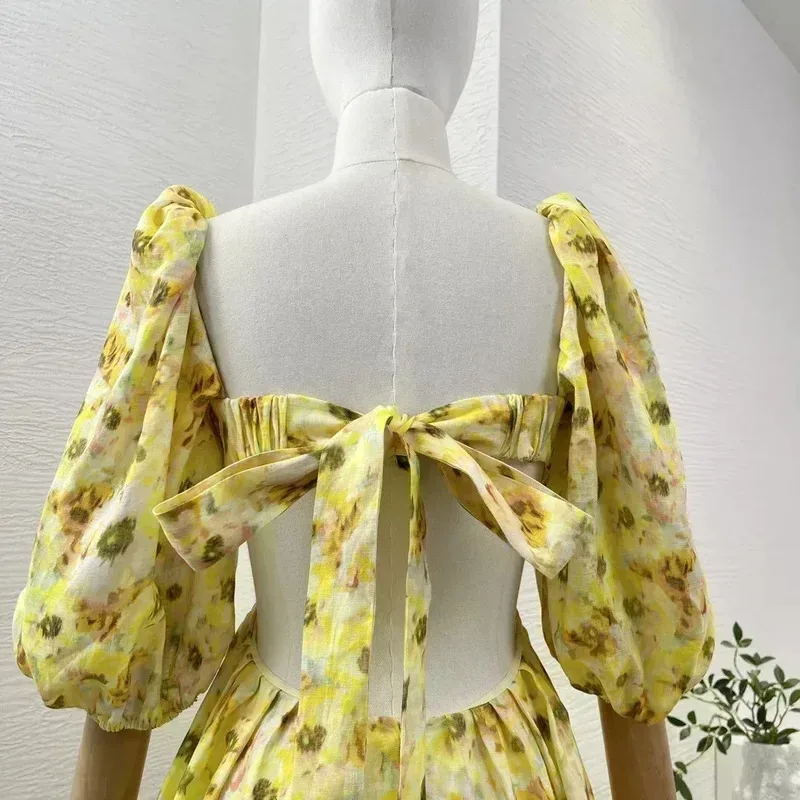 Alta qualidade verão praia estilo verão feminino midi vestido amarelo floral impressão cortar rendas puff manga linho