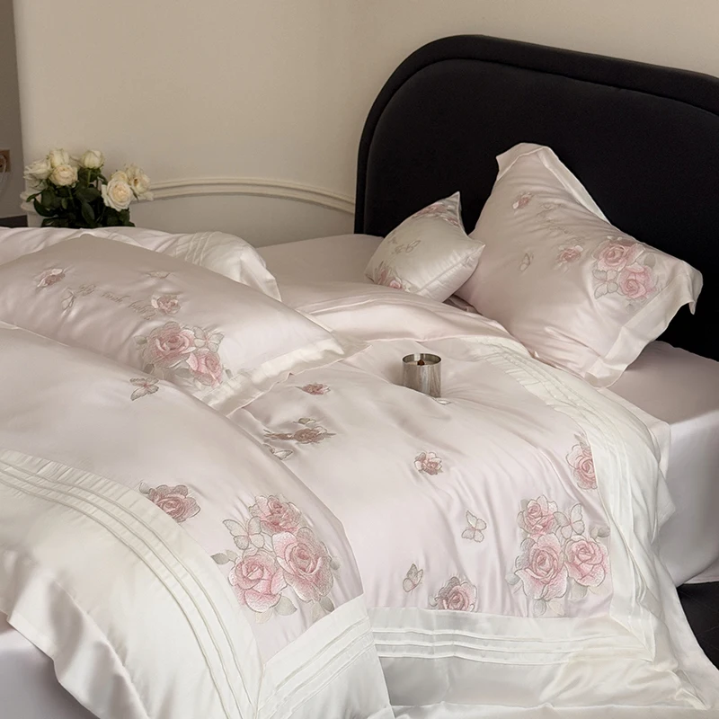 

800TC Lyocell Soft Silky Cool Feeling Bedding Set Flower Embroidery Princess Duvet Cover Bed Sheet/Fitted Sheet Pillowcases 4Pcs
