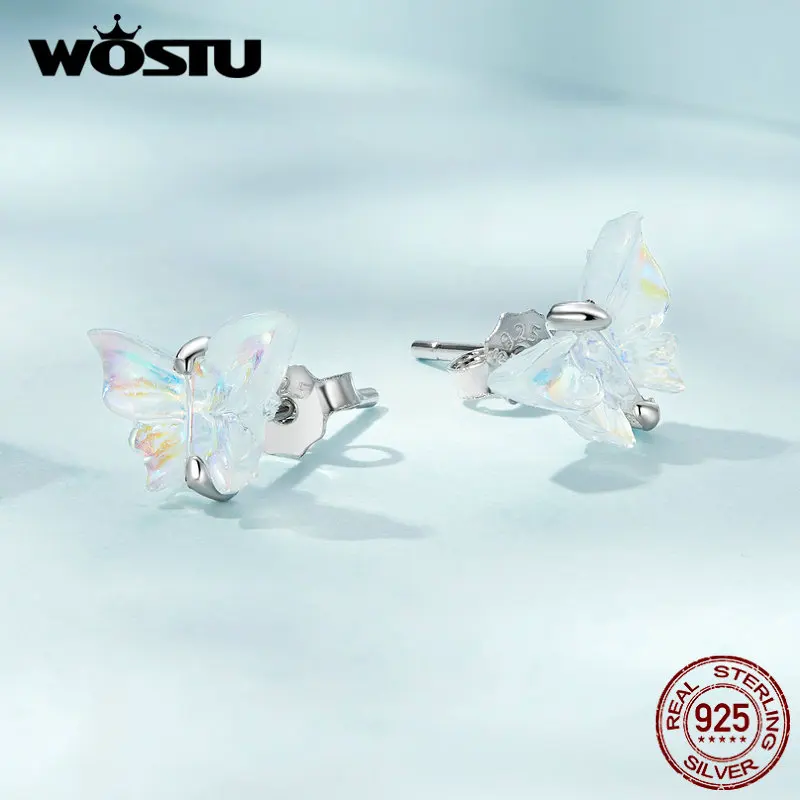 WOSTU prawdziwe 925 Sterling Silver kolorowe Butterfly stadniny kolczyki dla kobiet żywica Ear Studs prosty stylowy dziewczyna Party biżuteria prezent