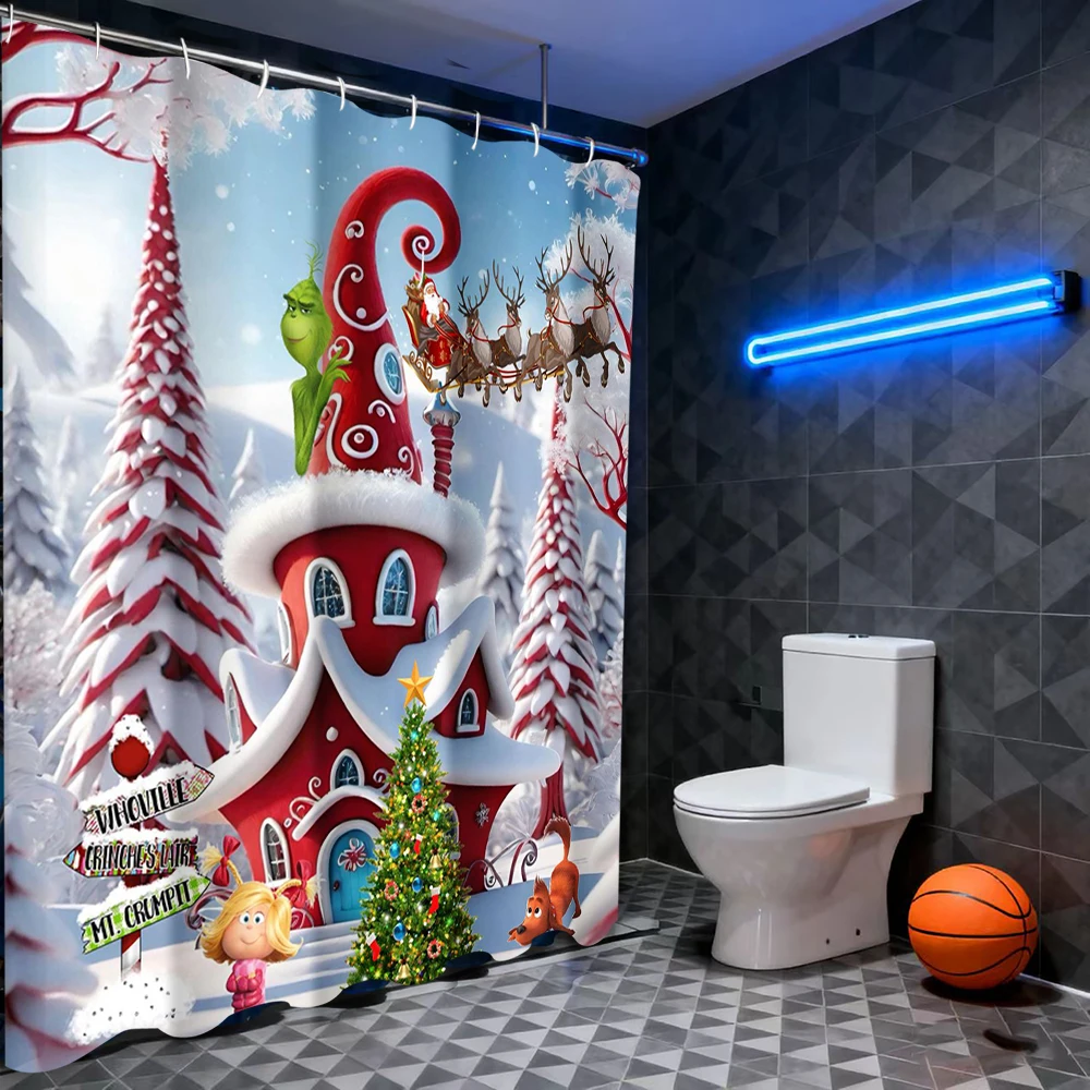 

Christmas shower curtain, bathroom letter shower waterproof curtain with 12 hooks, fish shaped home decoration, free delivery
