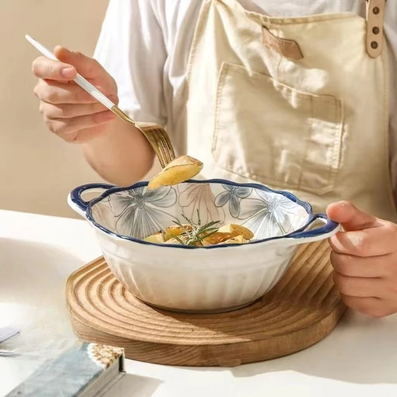 

Ceramic Household 10 Inch High Aesthetic Double Ear Soup Bowl Anti Scald Relief Soup Bowl Underglaze Color Process
