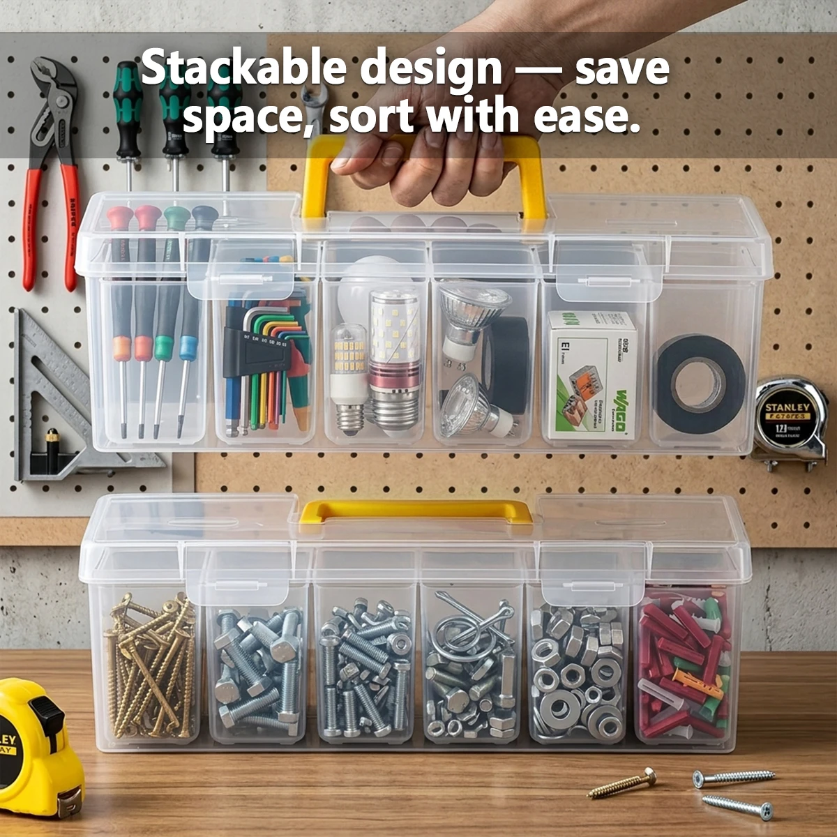 7-teiliges Hardware-Aufbewahrungsbox-Set mit herausnehmbaren Innenbehältern, tragbarer Fach-Organizer, PP-Werkzeugkoffer für Schrauben, Muttern, Bolzen und kleine Handwerksarbeiten – Detail 9