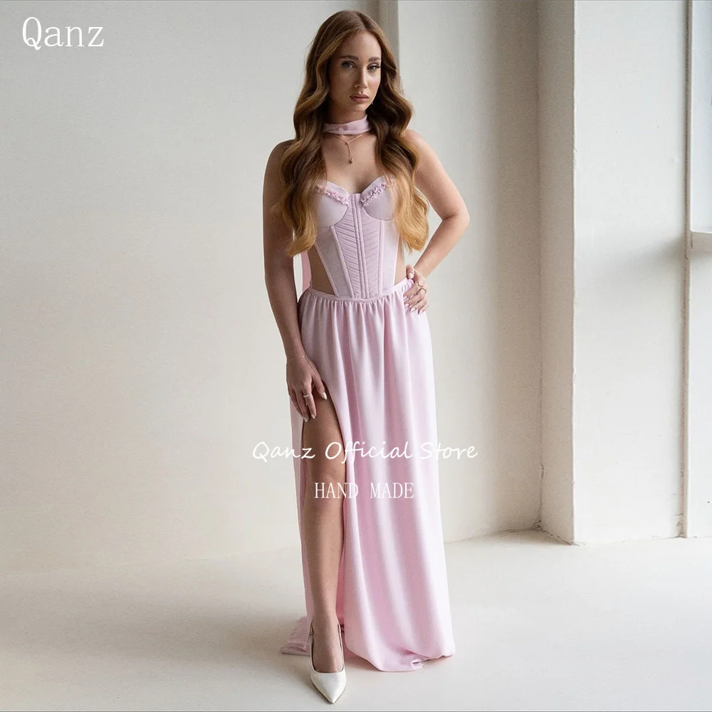 Qanz Abiti da sera in chiffon rosa Corsetto Abito da festa con spacco alto Donna Illusione sexy Abiti lunghi per invitati a un matrimonio personalizzati