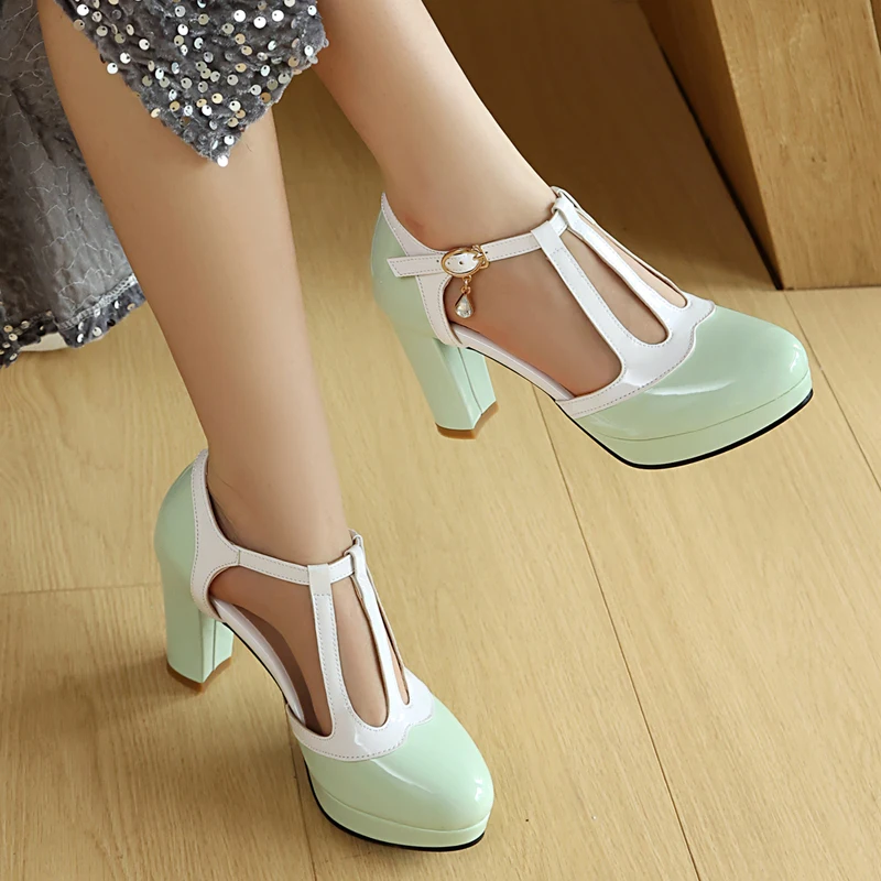 Candy Color Patchwork Mary Jane High Heel Women Shoes Platform Ankle Strap Pumps Party Cosplay Uniform Dress Wedding Shoes Femme
