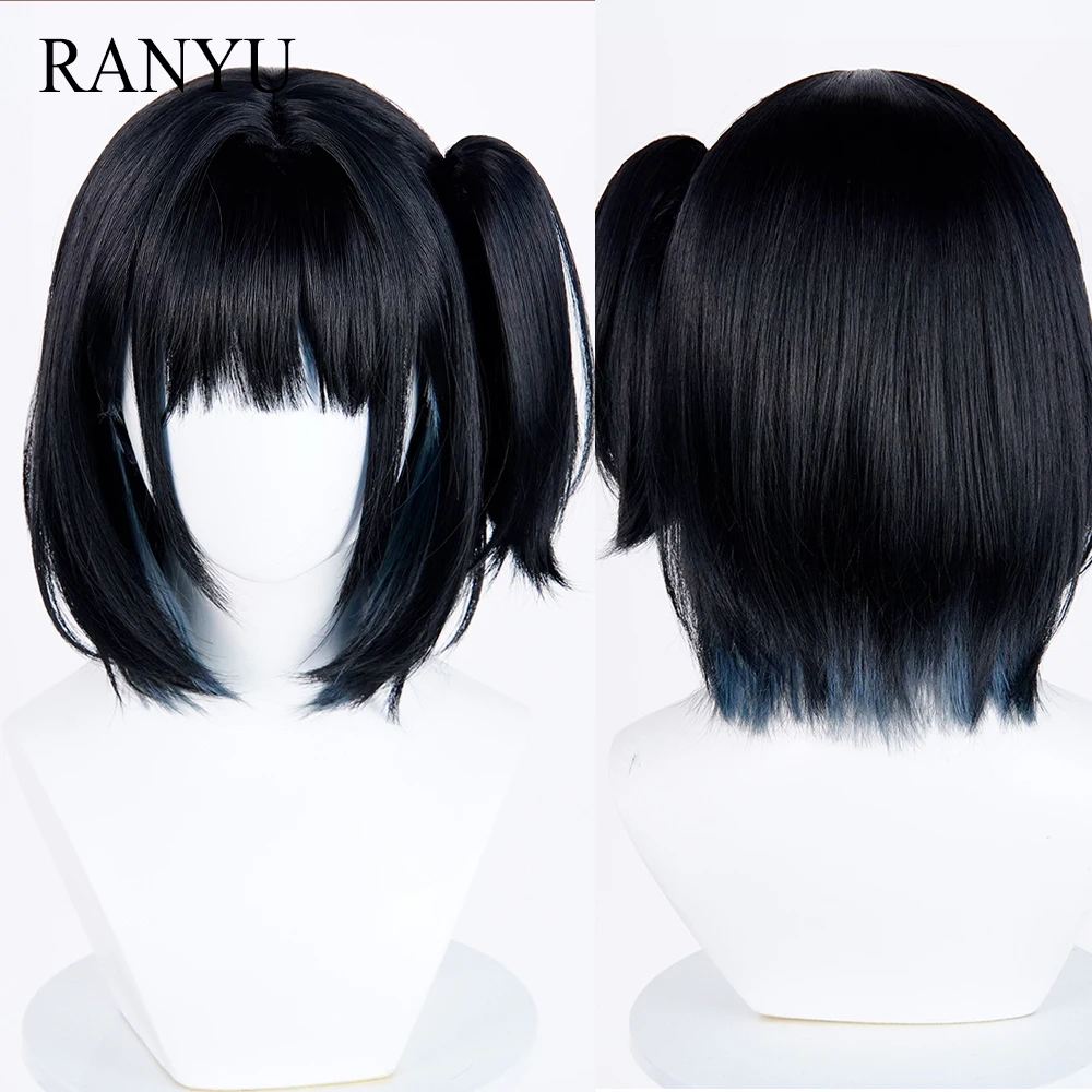 

Black Ombre Blue Anime Game Cosplay Synthetic Wigs with Bangs Short Straight Fluffy Wig Heat Resistant for Daily Party