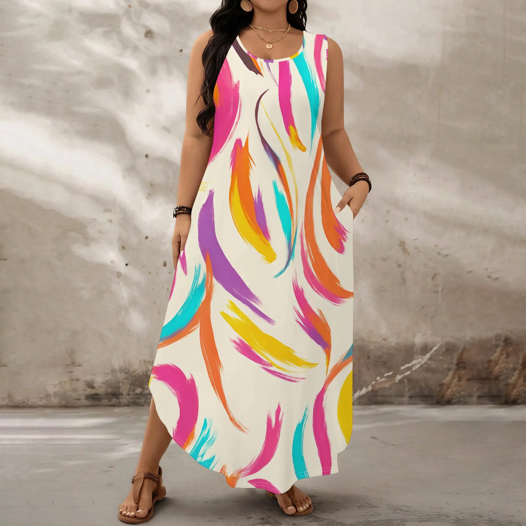 

Plus Size Color Brush Stroke Maxi Dress XL-6XL Summer Sleeveless Art Print for Beach Day, Brunch or Travel Look
