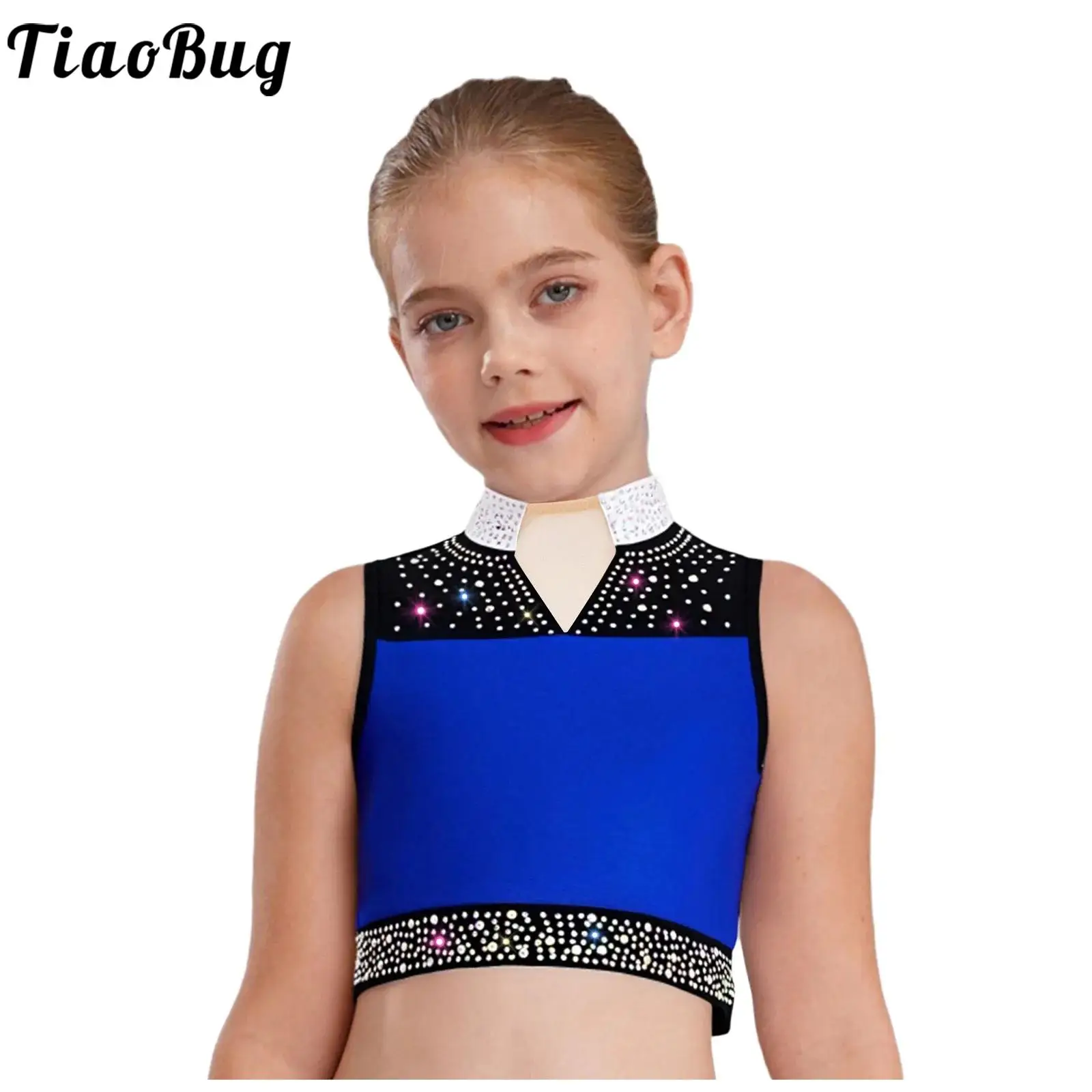 

Kids Girls Lyrical Modern Dance Figure Skating Costume Sleeveless Vest Glittery Rhinestones Crop Top Stage Performance Dancewear