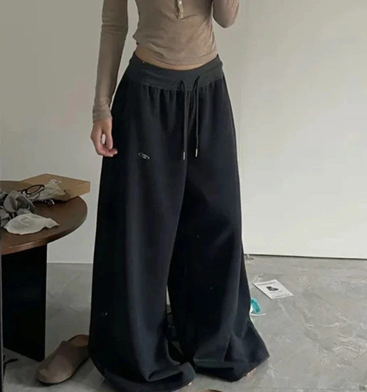 Y2K خمر فضفاض Sweatpants النساء الخريف جديد الكورية فضفاض بنطال ذو قصة أرجل واسعة الشارع الشهير عادية سستة يطير الإناث السراويل